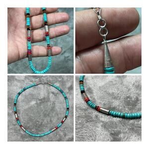 Native American Sterling silver Blue turquoise bead necklace 17” Inch Signed !!